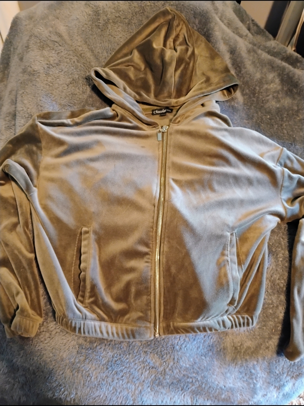Chocolate Olive-Green Velour Zip Hoodie
